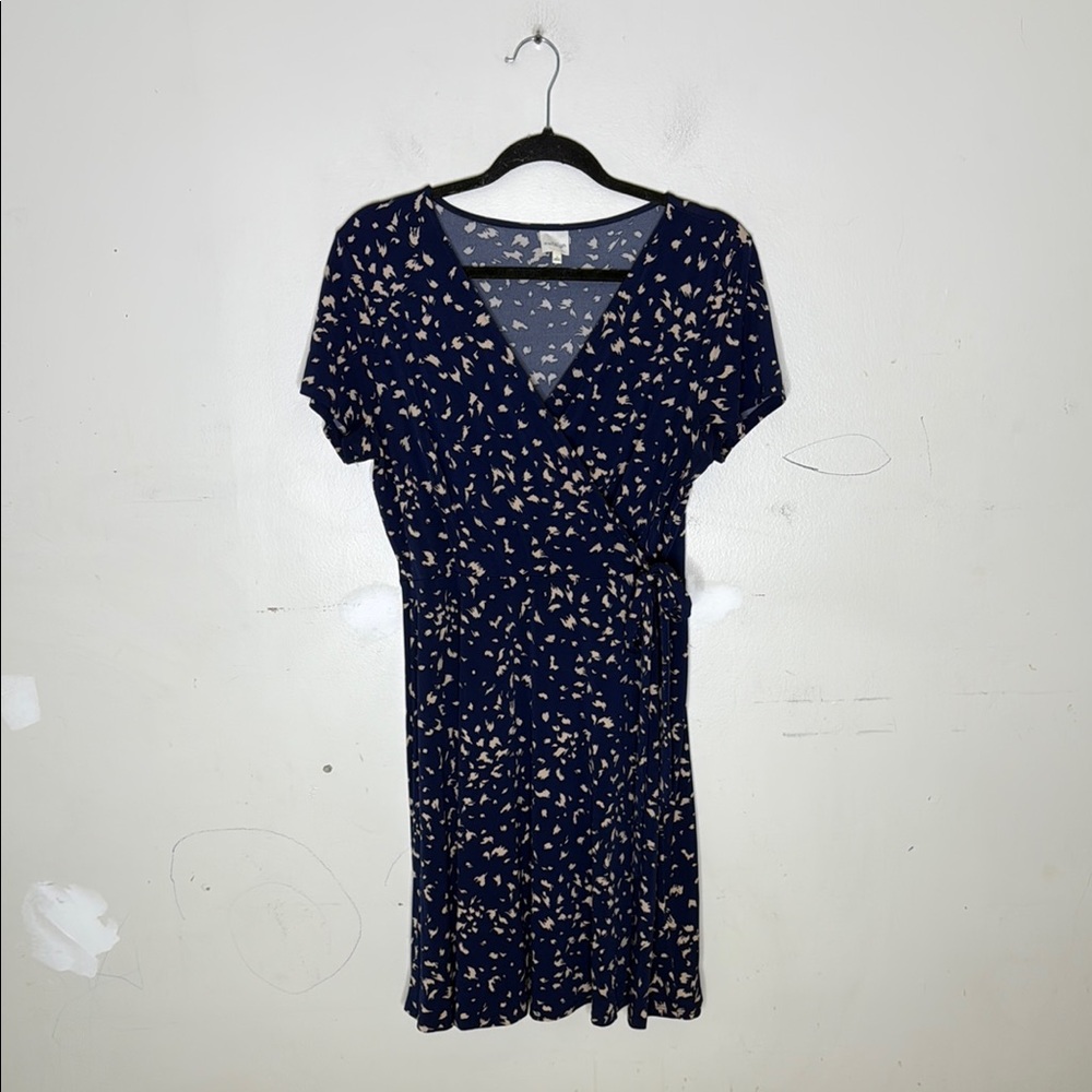 Kaileigh Navy Blue and Cream Polyester Blend Patterned Wrap Dress Size Large